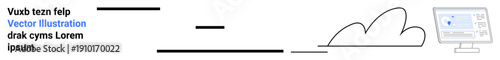 Technology, cloud computing, data synchronization, online storage, information networks, digital communication. A monitor, cloud and text elements connected by lines. Technology and cloud computing