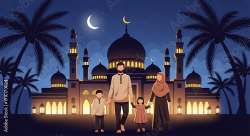 Muslim Family Visiting Mosque for Ramadan