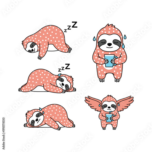 Cute cartoon sloth characters sleeping and relaxing with coffee in various poses