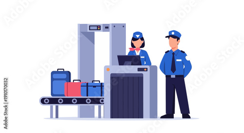 Airport security personnel operating a baggage scanner with a conveyor belt