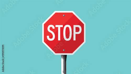 Standard octagonal red stop sign with white text and border mounted on a metal post against a bright teal background.