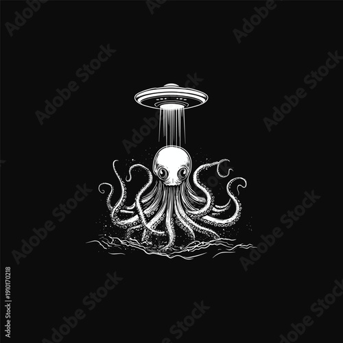 Vintage engraving style illustration of a giant octopus emerging from the ocean, being abducted or illuminated by a UFO flying overhead