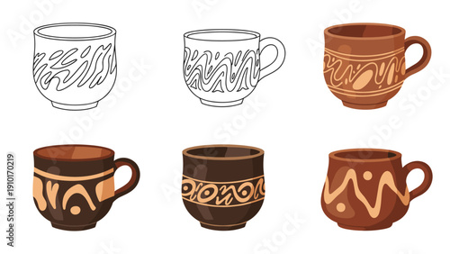 Collection of six diverse pottery cups and mugs with various earth tones and wavy decorative patterns in different styles.