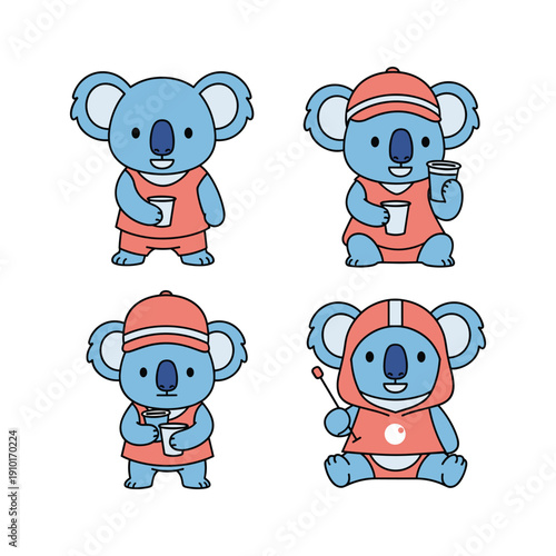 Photography Cartoon koalas in different poses and outfits on white background with copy spac
