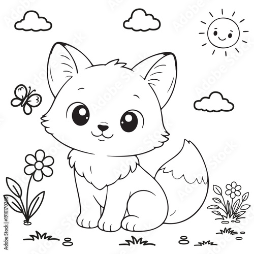 Hand drawn Fox Animal outline illustration for Coloring book