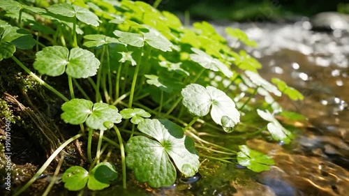 Lush green aquatic plants thrive by a flowing stream with sparkling water