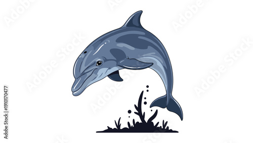 Graceful dolphin leaping out of the ocean with water splashes and sea plants at the bottom in a detailed illustration.