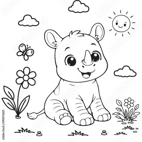 Hand drawn rhino outline illustration for Coloring book