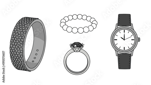 Collection of elegant jewelry items including a snakeskin bracelet, pearl necklace, diamond ring, and classic wrist watch.