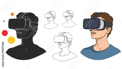 Diverse group of portraits showing people wearing virtual reality headsets in various artistic styles and color schemes.