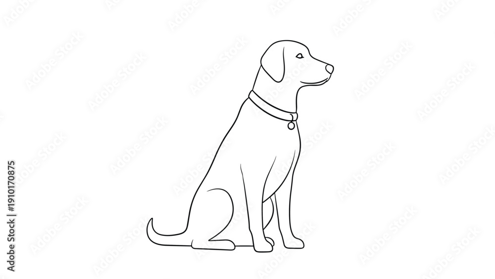 Fototapeta premium Simple black line drawing of a loyal labrador dog sitting patiently and looking forward on a plain white background.