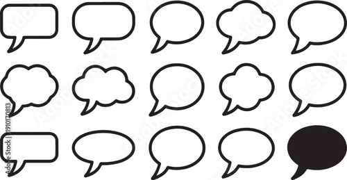 Fifteen speech bubble and thought bubble icons in various shapes and styles chat talk