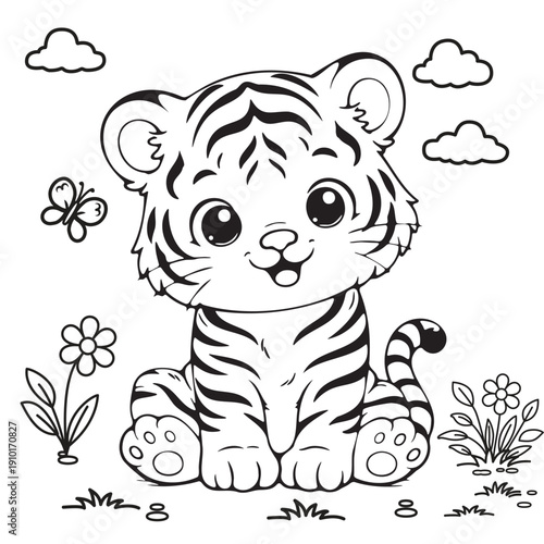 Hand drawn Tiger outline illustration for Coloring book