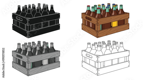 Wooden beer crate set featuring four distinct styles including black silhouette color grayscale and line art illustrations.