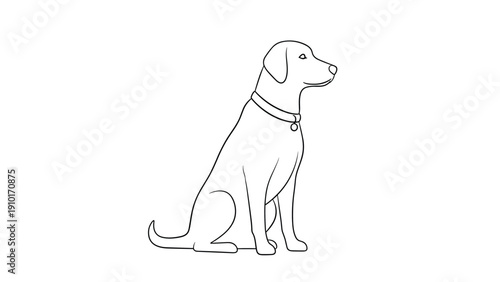 Simple black line drawing of a loyal labrador dog sitting patiently and looking forward on a plain white background.