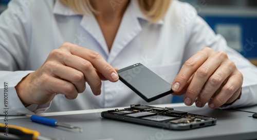 Technician carefully replacing smartphone battery