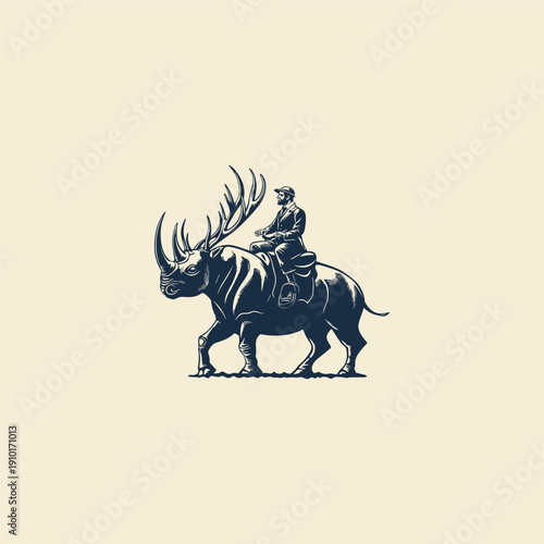 Vintage woodcut style illustration of a man in formal attire riding a powerful rhinoceros with massive deer antlers