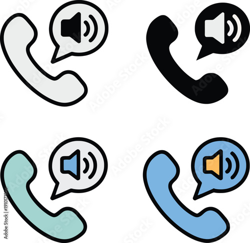 Four Icons of a Telephone Handset with Sound Speaker Symbol Keywords: telephone, phone, call, communication, sound, speaker, volume, icon, symbol