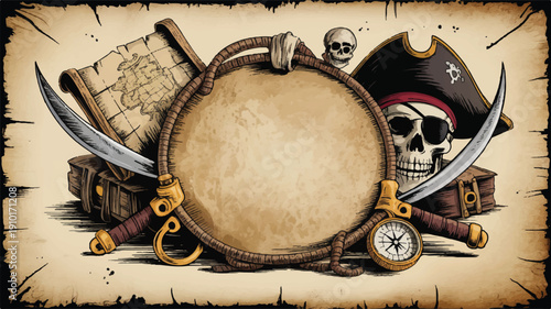 Vintage style fantasy pirate illustration, detailed ship sailing on stormy seas, skull and crossbones, treasure map elements, adventure, hand-drawn, epic, dramatic