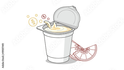 Open yogurt cup with a creamy splash and fresh citrus slices on the side representing a healthy breakfast or snack.
