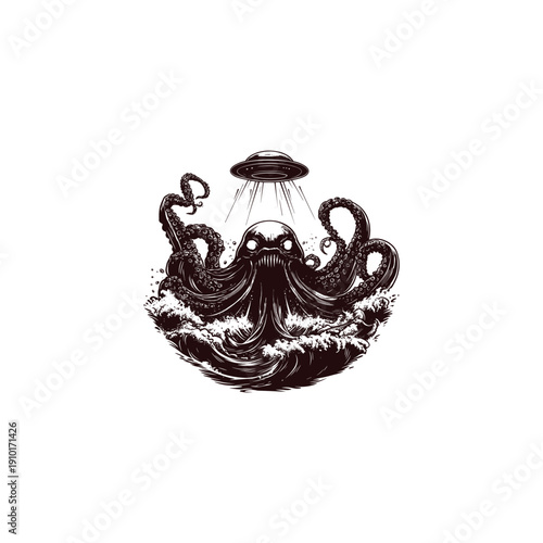 Vintage woodcut style illustration of a monstrous octopus rising from turbulent ocean waves, being targeted by a UFO beam from above