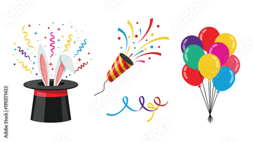 Party celebration elements collection with a magic hat showing rabbit ears party popper and a bunch of colorful balloons.