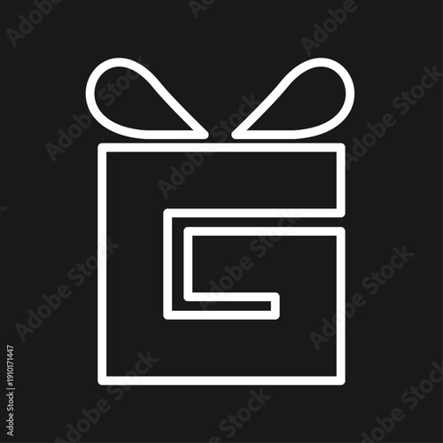 White gift box with bow and negative space letter G logo on black background