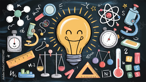Cute kids-friendly scientific doodle collection drawn in soft colorful chalk on a dark classroom blackboard background, representing various concepts