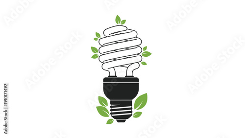 Energy saving light bulb surrounded by fresh green leaves representing environmentally friendly and sustainable green power solutions.