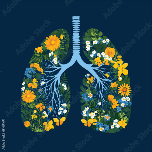 Lungs made from flowers and nature. Air pollution concept. Generative ai , vector style simple color