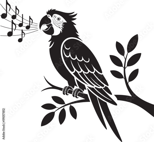 Silhouette of a Macaw Parrot Singing on a Branch with Musical Notes Keywords: parrot, macaw, bird, singing, music, song, sound, notes, musical, branch