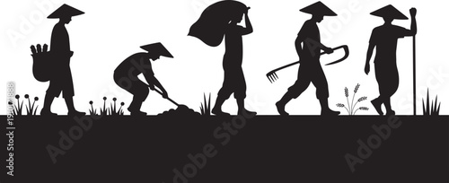 Silhouette of Farmers Working in a Field with Tools and Harvest Keywords: farmer, silhouette, agriculture, field, work, harvest, tools, farming, rural