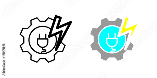 Line icon set. of a gear combined with lightning bolt and plug, symbolizing electrical power, energy technology, and industrial electricity systems.
