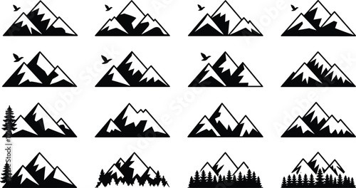 Minimal mountain logo collection with forest trees and birds, abstract alpine peaks silhouettes set, outdoor nature symbols for branding, travel, adventure design projects