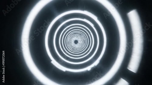 Abstract glowing white concentric circles create a futuristic tunnel