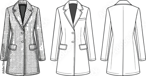 Women’s Long Coat CAD Drawing – Houndstooth Pattern Front and Back View