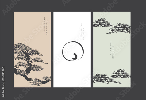 vector illustration of bonsai tree branch, meditation element and enso circle background with Chinese painting in traditional style.