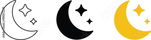 Half moon icon set. Crescent, moon with stars, night sky symbol on white background - stock vector.