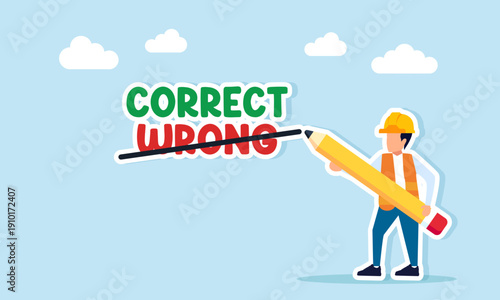 Engineer crossing out wrong text under correct with pencil illustration of proper technical classification and accuracy in construction project