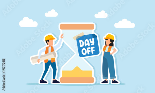 Two engineers standing near hourglass with day off sticker illustration of completing construction project on time and meeting deadline