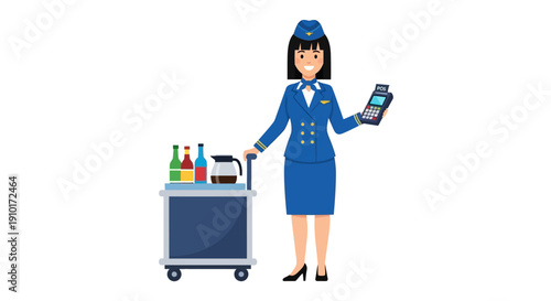 Cartoon flight attendant holding a tablet and standing next to a beverage cart with a white background
