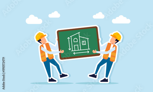 Two engineers competing over building blueprint illustration of contractor rivalry fighting for construction project contract