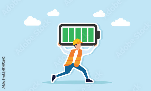 Enthusiastic engineer lifting fully charged battery illustration of passion energy and motivation in engineering profession
