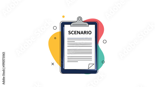 Blue clipboard holding a scenario document set against an abstract background of colorful flowing shapes and geometric dots.
