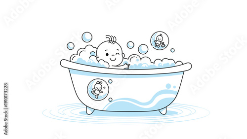 Happy baby character taking a bubble bath in a white tub with blue water and bubbles floating in the air.