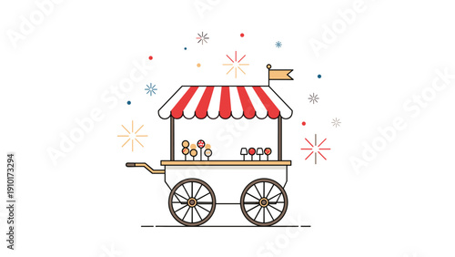 Mobile snack cart with a red and white striped canopy decorated with festive fireworks for outdoor events and festivals.