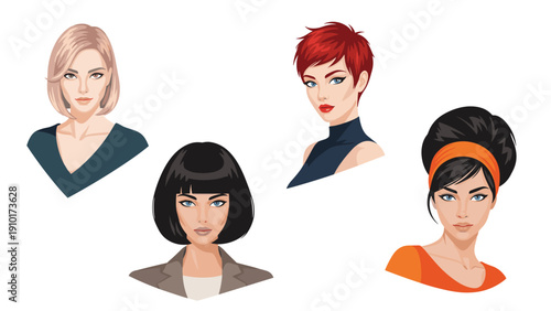 Set of four female character avatars with different hairstyles and hair colors for profile photos and social media icons.