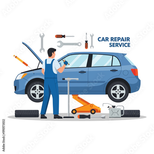 Mechanic repairing a blue car on a lift with tools and equipment, car service illustration