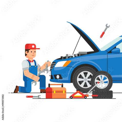 Mechanic working on car engine, auto repair service, flat design illustration
