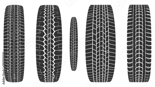 Five Different Car Tire Types Displayed.